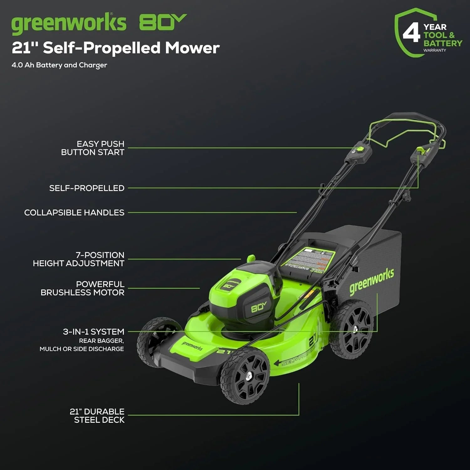 Greenworks 80V 21" Cordless Self-Propelled Lawn Mowers