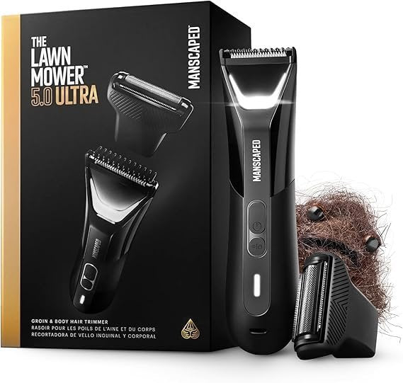 MANSCAPED® The Lawn Mower® 5.0 Ultra Groin & Body Hair Trimmer – Dual-Head SkinSafe® Trimmer & Foil Blades, Waterproof Wet/Dry Groomer, USB-C Rechargeable with Travel Case, Men's Ball Shaver, Black